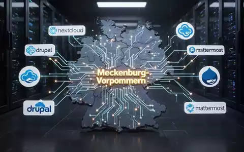 Stilisierte digitale Karte Deutschlands mit leuchtenden Schaltkreisen von Mecklenburg-Vorpommern zu Open-Source-Logos. - Foto: über boerse-global.de