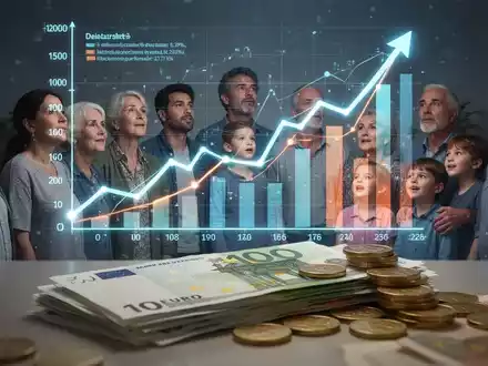 Eine vielfältige Gruppe von Menschen, die vor einem leuchtenden digitalen Diagramm mit positiven Finanzindikatoren stehen, mit Euro-Banknoten im Vordergrund. - Foto: über boerse-global.de
