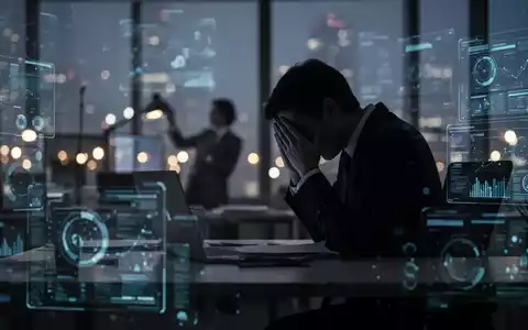 Eine einzelne, silhouettierte GeschĂ€ftsperson mit den HĂ€nden am Kopf an einem Schreibtisch, umgeben von verschwommenen BĂŒrolichtern. - Foto: ĂŒber boerse-global.de