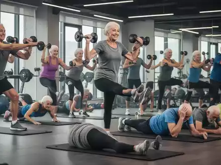 Ältere Menschen (40er, 50er, 60er) trainieren in einem Fitnessstudio, heben Gewichte und machen Core-Übungen. - Foto: über boerse-global.de