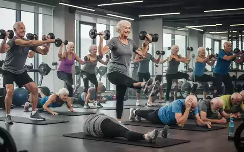 Ältere Menschen (40er, 50er, 60er) trainieren in einem Fitnessstudio, heben Gewichte und machen Core-Übungen. - Foto: über boerse-global.de