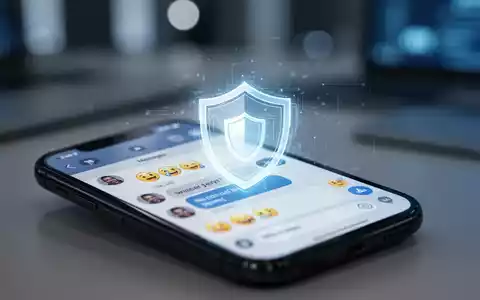 Smartphone-Bildschirm mit Chat-App, Emojis und leuchtendem Sicherheitsschild-Symbol. - Foto: über boerse-global.de