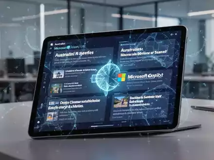 Digitale Benutzeroberfläche mit australischen Schlagzeilen und KI-Zusammenfassungen, dezentes Microsoft Copilot-Logo auf modernem Tablet. - Foto: über boerse-global.de