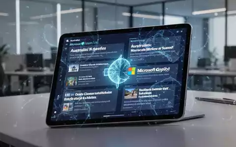 Digitale Benutzeroberfläche mit australischen Schlagzeilen und KI-Zusammenfassungen, dezentes Microsoft Copilot-Logo auf modernem Tablet. - Foto: über boerse-global.de