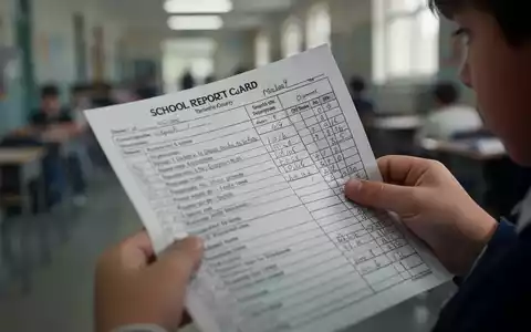 Ein Kind hält ein Zeugnis in der Hand, der Text ist unscharf. Im Hintergrund sind verschwommene Schulflure zu sehen. - Foto: über boerse-global.de