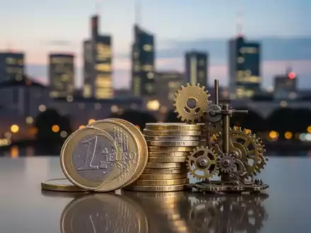 Nahaufnahme von deutschen Euro-Münzen und Zahnrädern vor einem unscharfen Hintergrund einer deutschen Stadt bei Sonnenuntergang. - Foto: über boerse-global.de