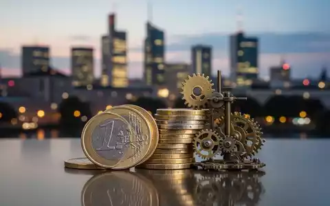 Nahaufnahme von deutschen Euro-Münzen und Zahnrädern vor einem unscharfen Hintergrund einer deutschen Stadt bei Sonnenuntergang. - Foto: über boerse-global.de