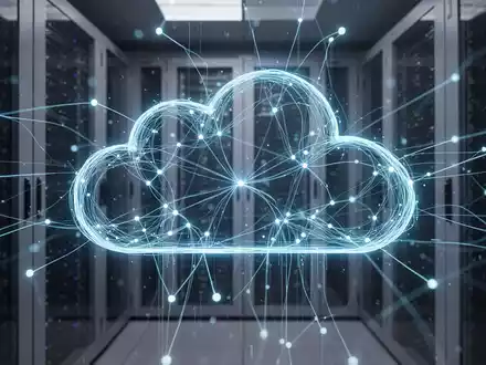 Stilisierte blaue Netzstruktur über Serverracks, symbolisiert Cloud-Computing und Datenfluss für Azure Linux. - Foto: über boerse-global.de