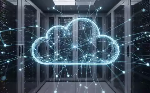 Stilisierte blaue Netzstruktur über Serverracks, symbolisiert Cloud-Computing und Datenfluss für Azure Linux. - Foto: über boerse-global.de