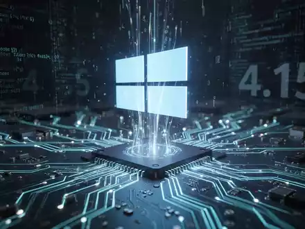 Leuchtende Platine mit Datenströmen, die zu einem holografischen Windows-Logo und digitalem Code verschmelzen, symbolisiert ein Software-Update. - Foto: über boerse-global.de