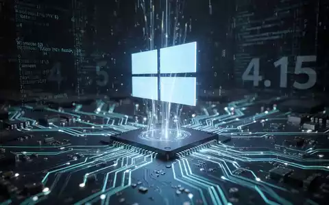Leuchtende Platine mit Datenströmen, die zu einem holografischen Windows-Logo und digitalem Code verschmelzen, symbolisiert ein Software-Update. - Foto: über boerse-global.de