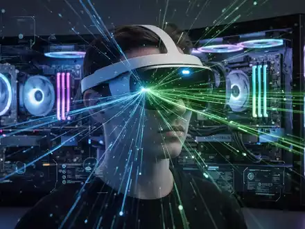 Person mit Apple Vision Pro Headset, blau-grün leuchtend, vor High-End-Gaming-PC. - Foto: über boerse-global.de