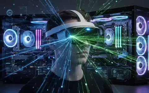 Person mit Apple Vision Pro Headset, blau-grün leuchtend, vor High-End-Gaming-PC. - Foto: über boerse-global.de