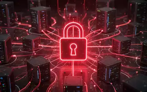 Rotes, leuchtendes Vorhängeschloss-Symbol über Server- und Datenstromnetzwerk, symbolisiert Cybersicherheitslücke. - Foto: über boerse-global.de