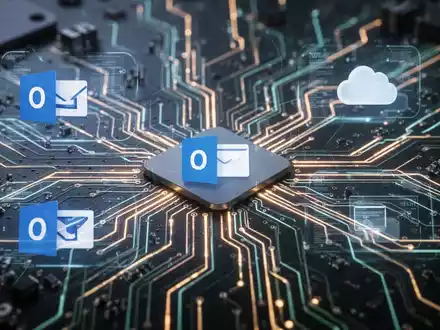 Stilisierte Leiterplatte mit leuchtenden Linien und dezenten holografischen Symbolen für Outlook und Cloud-Speicher, die digitale Lösungen darstellen. - Foto: über boerse-global.de