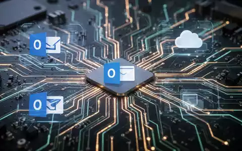 Stilisierte Leiterplatte mit leuchtenden Linien und dezenten holografischen Symbolen für Outlook und Cloud-Speicher, die digitale Lösungen darstellen. - Foto: über boerse-global.de