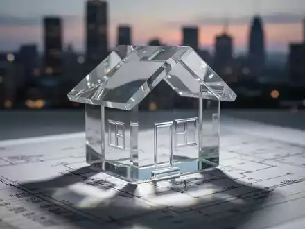 Ein stilisiertes, modernes Architekturmodell eines Hauses aus Glas auf einem Finanzdokument, mit einer Stadtansicht im Hintergrund. - Foto: über boerse-global.de