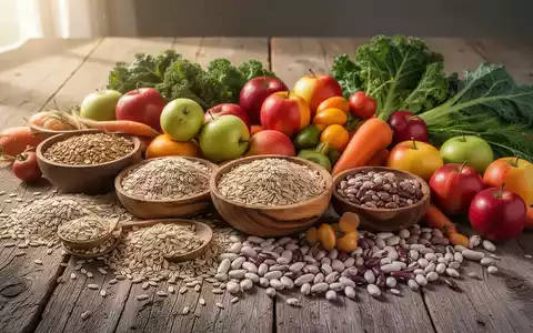 Eine Stillleben-Anordnung von ballaststoffreichen Lebensmitteln wie Vollkornprodukten, Obst, Gemüse und Hülsenfrüchten auf einem Holztisch. - Foto: über boerse-global.de