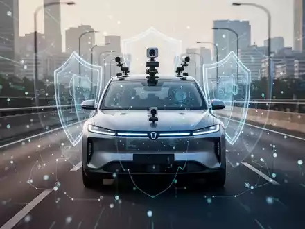 Ein modernes Auto mit Kameras und Sensoren fährt auf einer Autobahn, mit digitalen Daten-Overlays, die Datenschutz und Technologie symbolisieren. - Foto: über boerse-global.de