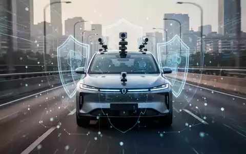 Ein modernes Auto mit Kameras und Sensoren fährt auf einer Autobahn, mit digitalen Daten-Overlays, die Datenschutz und Technologie symbolisieren. - Foto: über boerse-global.de