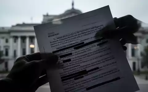 Eine Hand, die Teile eines Dokuments mit geschwärztem Text verdeckt, vor einem unscharfen Regierungsgebäude. - Foto: über boerse-global.de
