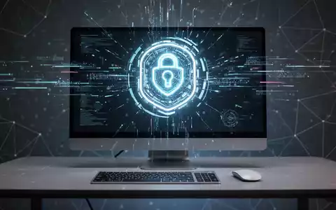Ein futuristisches KI-Assistenten-Symbol schwebt über einem modernen Desktop-Computer, umgeben von digitalen Datenströmen. - Foto: über boerse-global.de