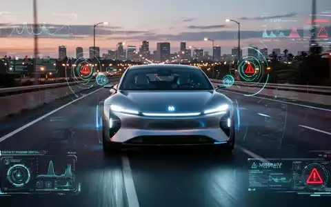 Autonomes Auto auf Autobahn in der Dämmerung mit digitalen Sensordaten und Sicherheitswarnungen. - Foto: über boerse-global.de