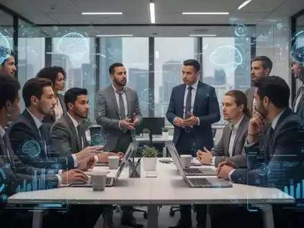 Fachleute in einem modernen Büro diskutieren über KI und Arbeitsplätze, mit holografischen Datenvisualisierungen im Hintergrund. - Foto: über boerse-global.de