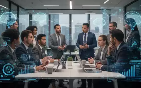 Fachleute in einem modernen Büro diskutieren über KI und Arbeitsplätze, mit holografischen Datenvisualisierungen im Hintergrund. - Foto: über boerse-global.de