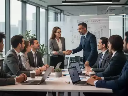 Eine Gruppe von Geschäftsleuten nimmt an einem Resilienz-Training in einem modernen Büro teil, mit einem Coach im Mittelpunkt. - Foto: über boerse-global.de