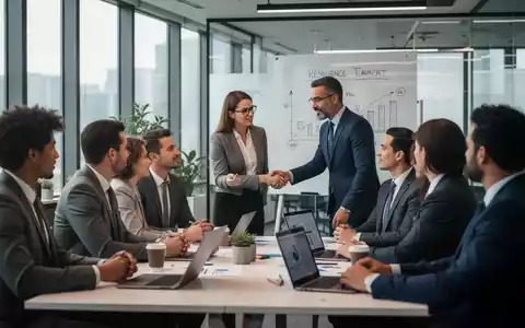 Eine Gruppe von Geschäftsleuten nimmt an einem Resilienz-Training in einem modernen Büro teil, mit einem Coach im Mittelpunkt. - Foto: über boerse-global.de