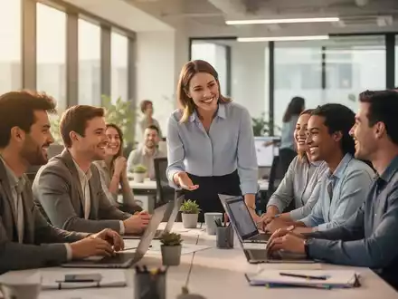 Ein Manager führt ein Team in einem modernen Büro, das eine positive und unterstützende Arbeitsumgebung vermittelt. - Foto: über boerse-global.de