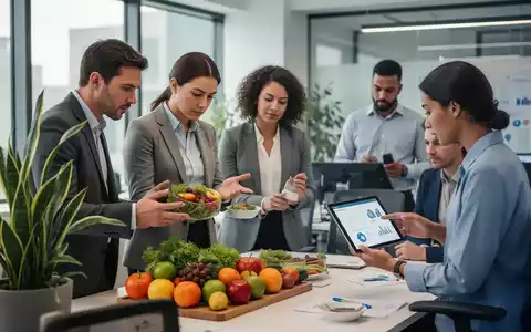 Eine Gruppe von Fachkräften in einem modernen Büro, die über betriebliches Gesundheitsmanagement diskutieren, mit Fokus auf Prävention und gesunde Ernährung. - Foto: über boerse-global.de