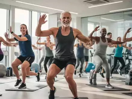 Eine Gruppe von Menschen unterschiedlichen Alters nimmt an einem Bewegungskurs in einem hellen Fitnessstudio teil, lachend und aktiv. - Foto: über boerse-global.de