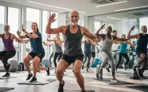 Eine Gruppe von Menschen unterschiedlichen Alters nimmt an einem Bewegungskurs in einem hellen Fitnessstudio teil, lachend und aktiv. - Foto: über boerse-global.de