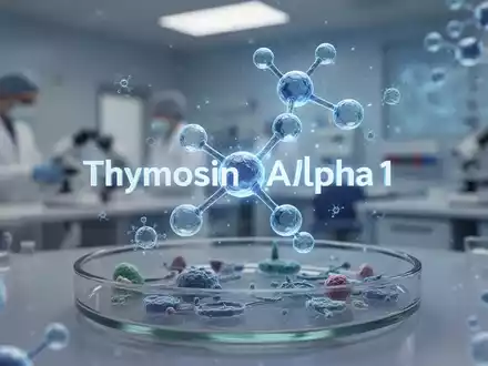 Eine stilisierte, leuchtend blaue molekulare Struktur, die Thymosin Alpha 1 darstellt, mit biologischen Elementen und Laborhintergrund. - Foto: über boerse-global.de