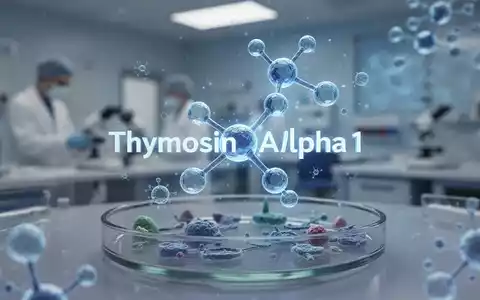 Eine stilisierte, leuchtend blaue molekulare Struktur, die Thymosin Alpha 1 darstellt, mit biologischen Elementen und Laborhintergrund. - Foto: über boerse-global.de