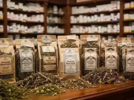 Verschiedene Kräutertees in einer traditionellen türkischen Apotheke, mit pharmazeutischen Produkten im unscharfen Hintergrund. - Foto: über boerse-global.de