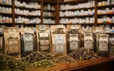 Verschiedene Kräutertees in einer traditionellen türkischen Apotheke, mit pharmazeutischen Produkten im unscharfen Hintergrund. - Foto: über boerse-global.de