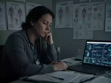 Eine nachdenkliche Person sitzt in einem schwach beleuchteten Raum, umgeben von medizinischen Diagrammen und einem Laptop. - Foto: über boerse-global.de