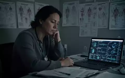 Eine nachdenkliche Person sitzt in einem schwach beleuchteten Raum, umgeben von medizinischen Diagrammen und einem Laptop. - Foto: über boerse-global.de