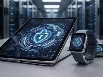 Nahaufnahme eines iPads und einer Apple Watch mit abstrakten digitalen Sicherheitsgrafiken, unscharfer Hightech-Hintergrund. - Foto: über boerse-global.de