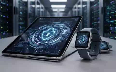 Nahaufnahme eines iPads und einer Apple Watch mit abstrakten digitalen Sicherheitsgrafiken, unscharfer Hightech-Hintergrund. - Foto: über boerse-global.de
