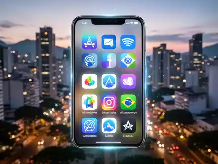 Ein leuchtender iPhone-Bildschirm zeigt App-Store-Icons verschiedener Marktplätze vor unscharfer Kulisse einer modernen brasilianischen Stadt in der Abenddämmerung. - Foto: über boerse-global.de