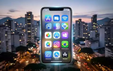 Ein leuchtender iPhone-Bildschirm zeigt App-Store-Icons verschiedener Marktplätze vor unscharfer Kulisse einer modernen brasilianischen Stadt in der Abenddämmerung. - Foto: über boerse-global.de