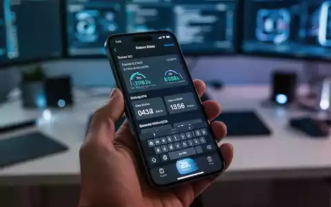 Nahaufnahme eines iPhone 17e-Bildschirms mit Systemdaten, gehalten von einer Hand, unscharfer Tech-Büro-Hintergrund. - Foto: über boerse-global.de