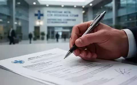 Eine Hand hält einen Stift über einem Attest, im Hintergrund verschwommen ein Bürogebäude. Fokus auf Bürokratie und Reformen. - Foto: über boerse-global.de