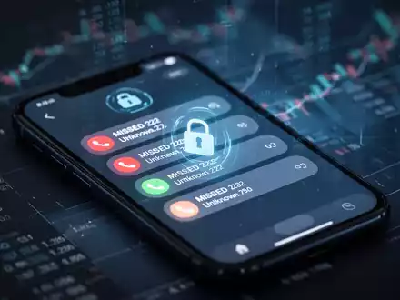 Ein Smartphone-Bildschirm zeigt mehrere verpasste Anrufe von unbekannten Nummern und ein digitales Schloss-Symbol, umgeben von verschwommenen Finanzdaten. - Foto: über boerse-global.de