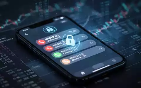 Ein Smartphone-Bildschirm zeigt mehrere verpasste Anrufe von unbekannten Nummern und ein digitales Schloss-Symbol, umgeben von verschwommenen Finanzdaten. - Foto: über boerse-global.de