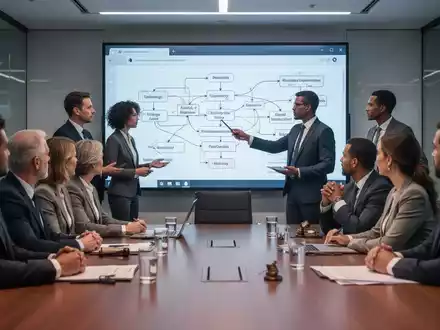 Eine Gruppe von Geschäftsleuten diskutiert in einem modernen Konferenzraum, während eine Person auf ein komplexes Flussdiagramm zeigt. - Foto: über boerse-global.de